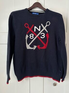 Nautica Men’s Navy Crewneck Sweater with Red and White Anchor Coastal Preppy XL